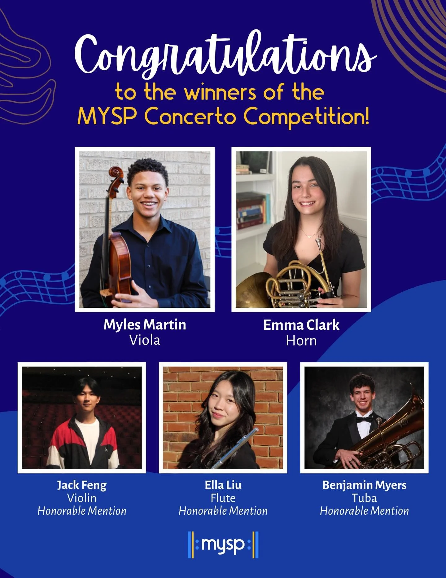 Congratulations to this year&rsquo;s Concerto Competition winners and honorable mention recipients! 🎻🎶

We are so proud to celebrate Myles Martin (viola) and Emma Clark (horn), along with all of our outstanding participants. A total of 25 MYSP musi