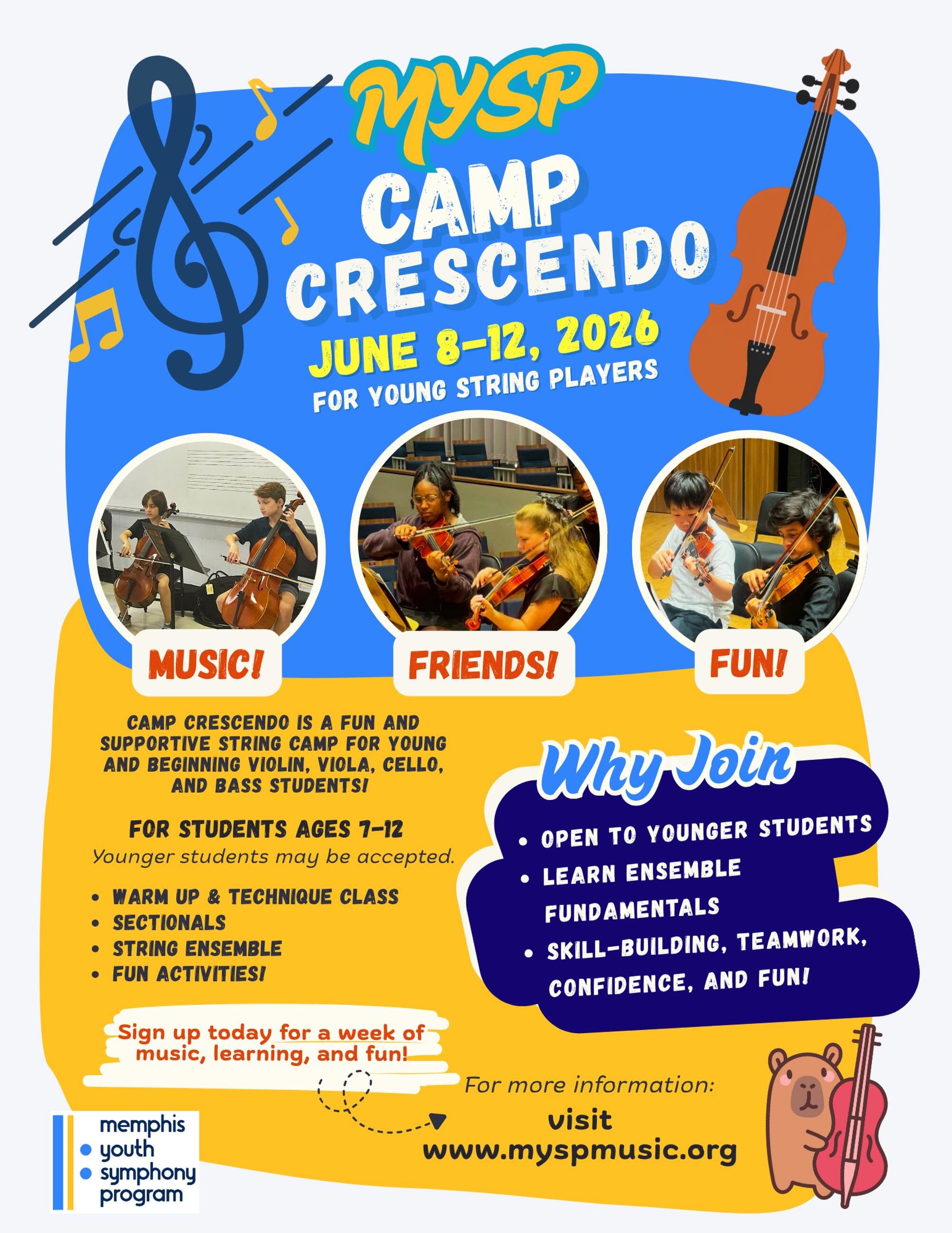 Today is the final day to register for MYSP&rsquo;s Camp Crescendo! 🎻🎶☀️

Camp Crescendo is a week-long summer program for string players ages 7&ndash;12. Students will spend the week building their skills, playing music with others, and connecting