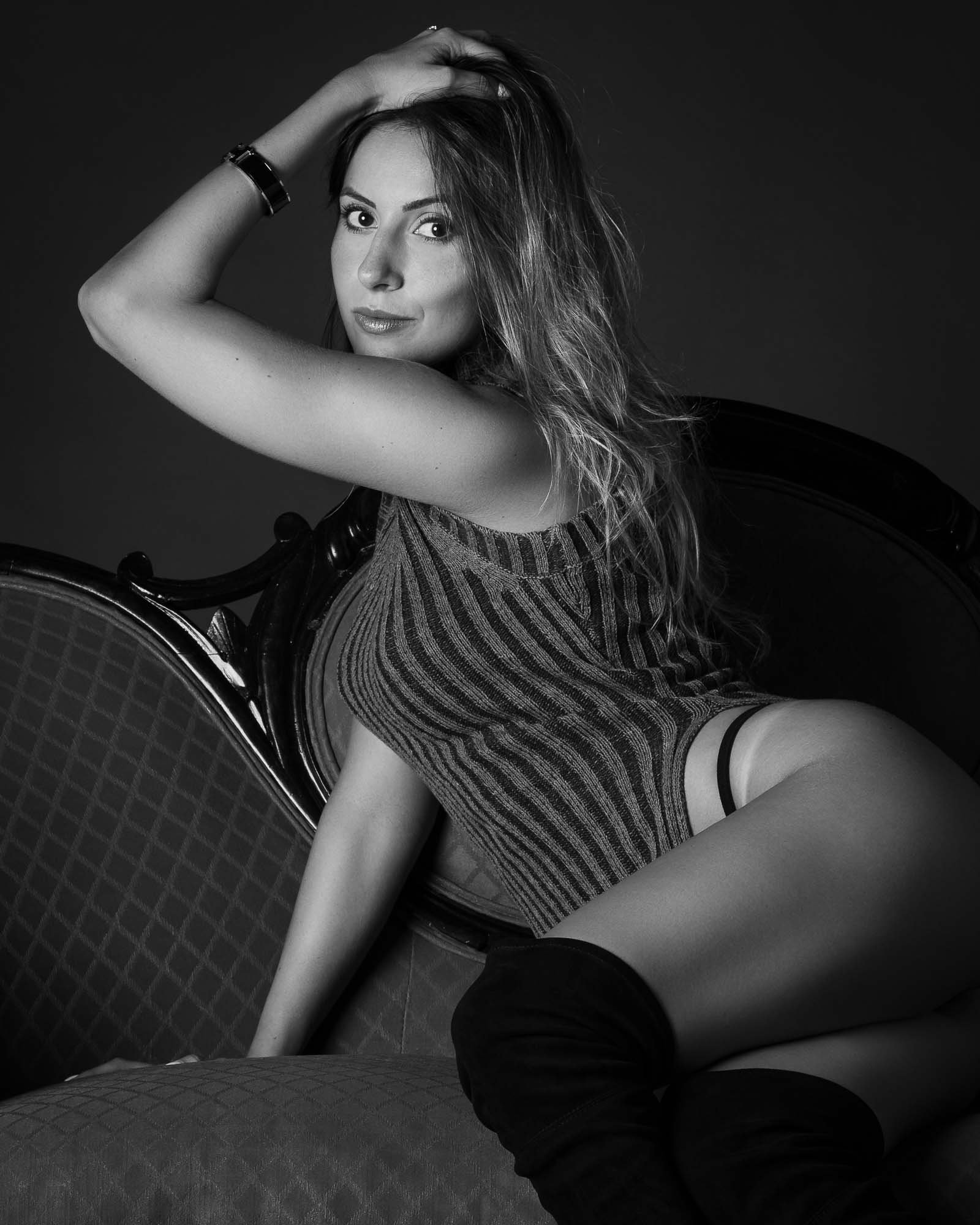 modern boudoir portrait woman vintage chair studio Chicago