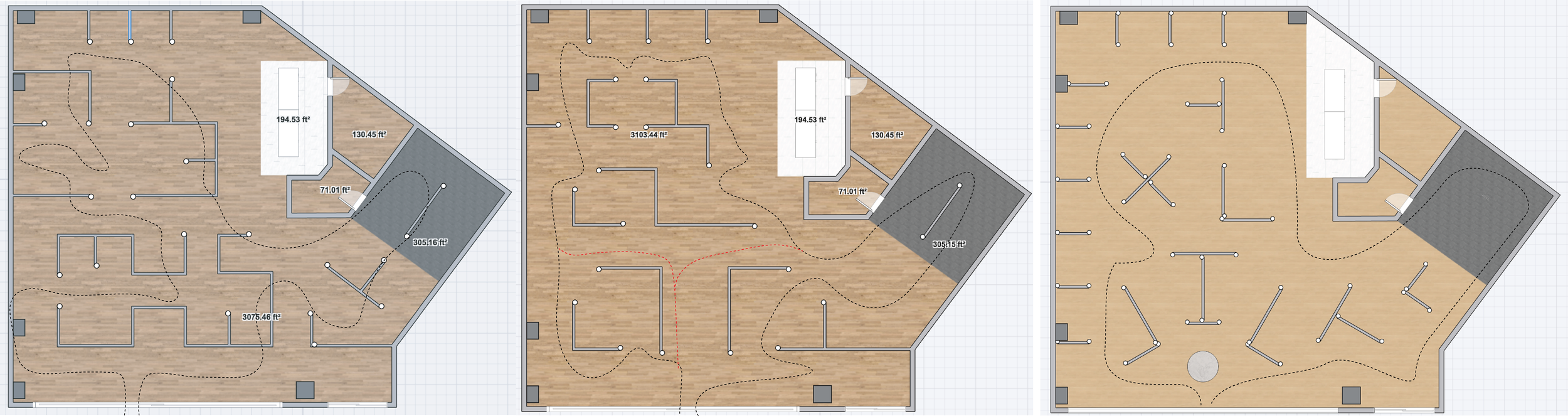 1. Wall layouts and pathway/customer flow studies - we went with option 3 because options 1 and 2 felt too crowded.
