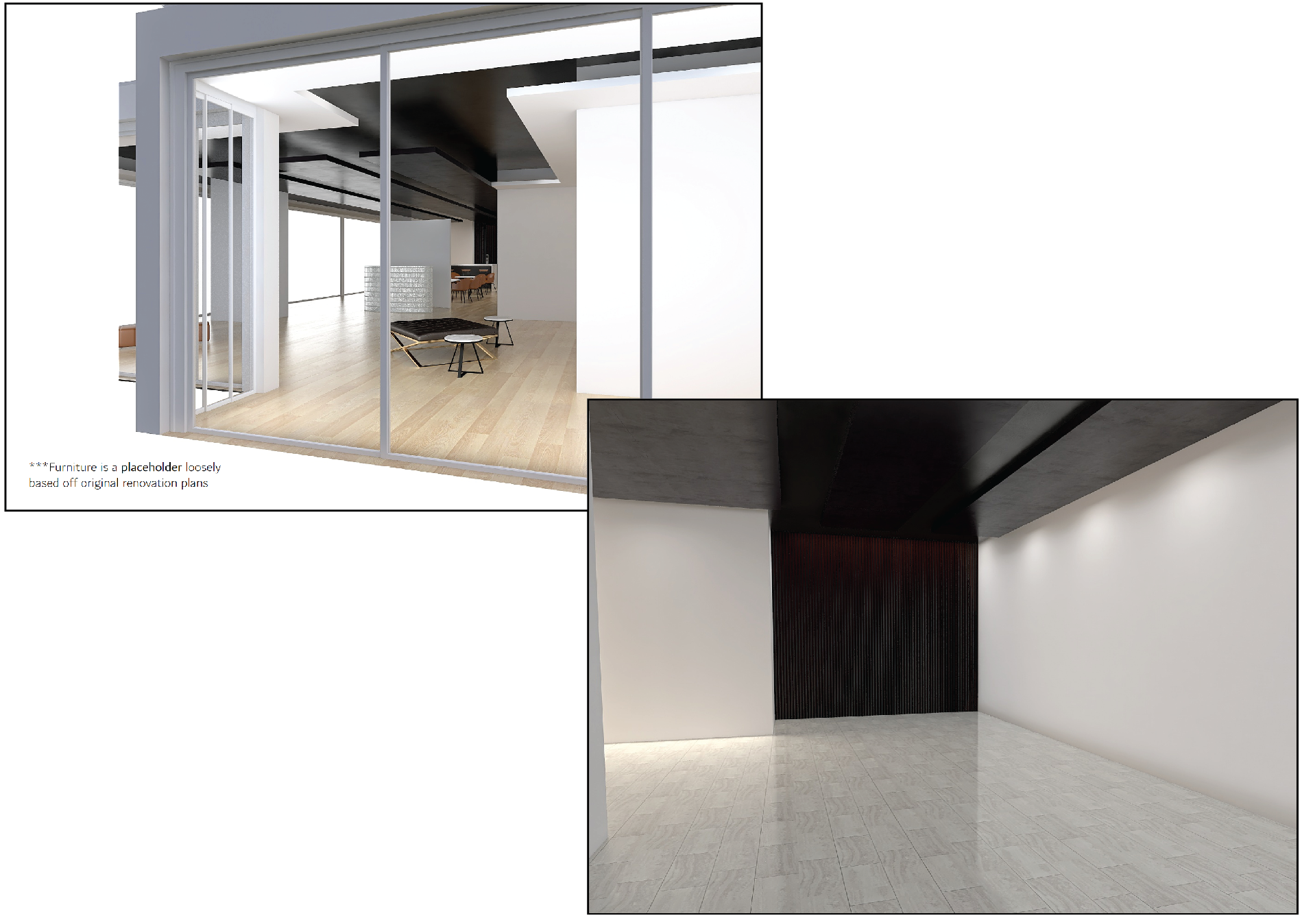 3. 3D renderings of space and the chosen floor option (marble tile)