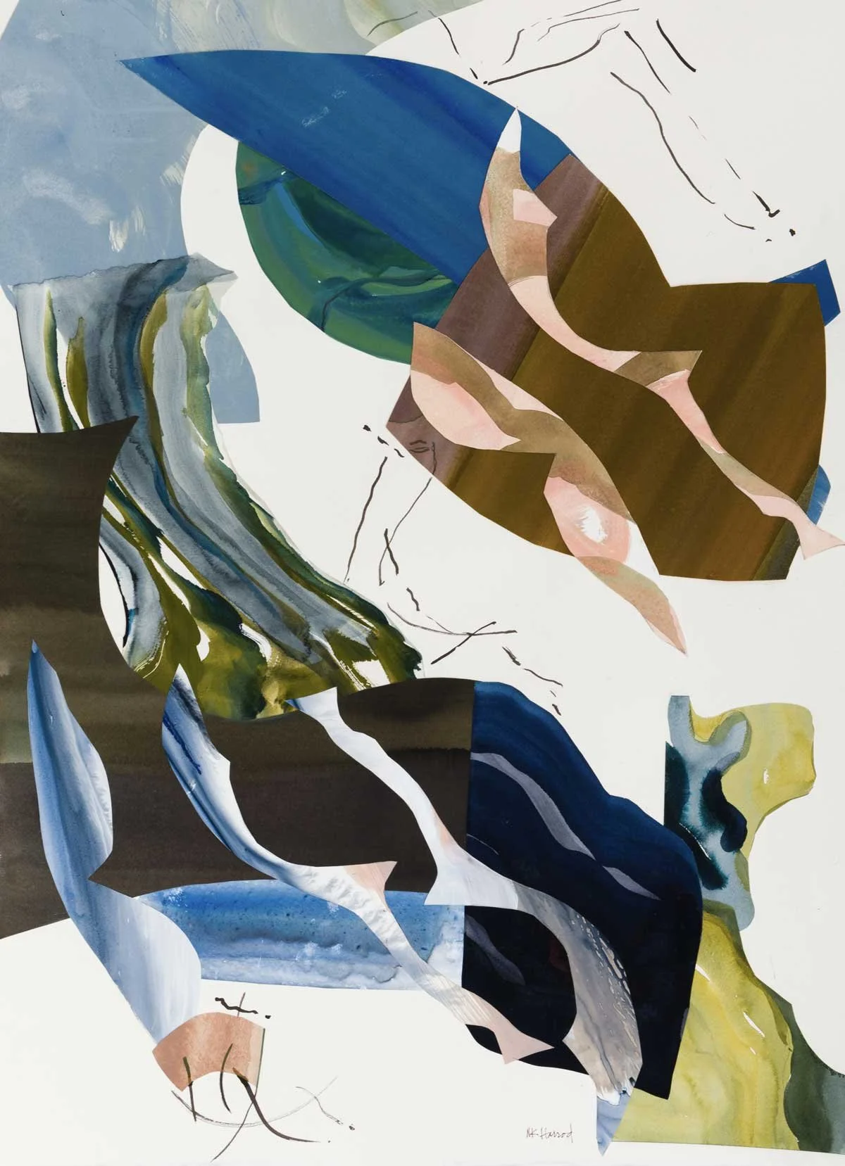 So Gentle, So Broken, 2025, water based media on paper and yupo, collage, 30"h x 22"w (34"h x 26"w framed)