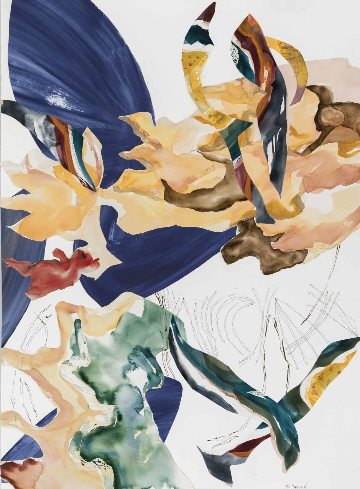 So Tender, So Turbulent, 2025, water based media on paper, collage, 30"h x 22"w (34"h x26"w framed)