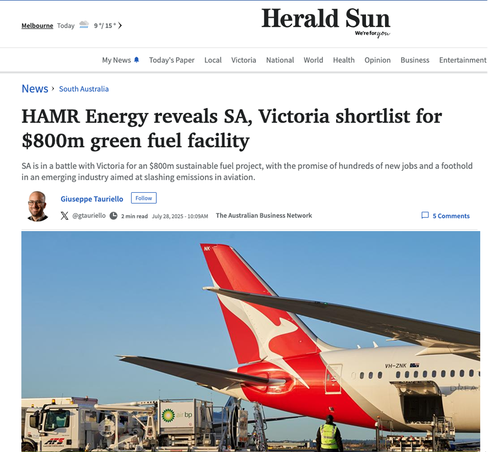 HAMR Energy announces plans for Australia’s first major methanol to jet fuel facility