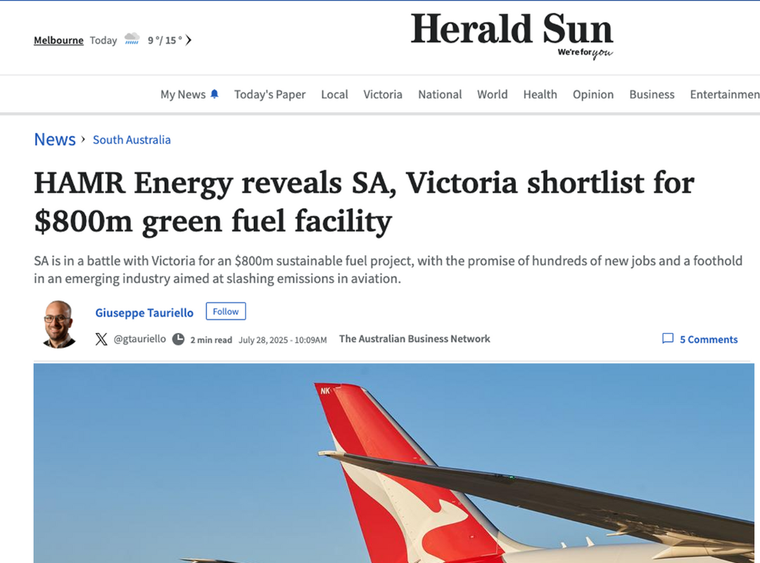 HAMR Energy announces plans for Australia’s first major methanol to jet fuel facility