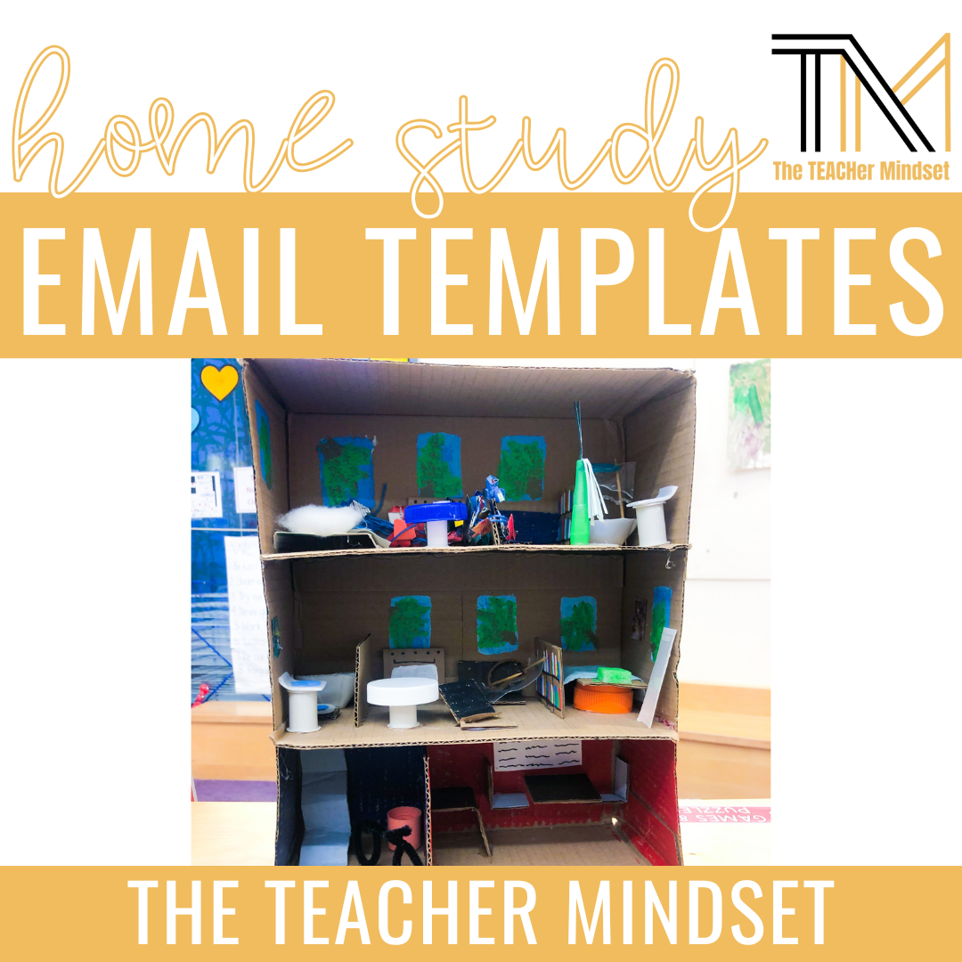 A cardboard mini house display with multiple rooms decorated with colorful paintings, displaying various miniature objects like furniture and art supplies for an educational presentation.