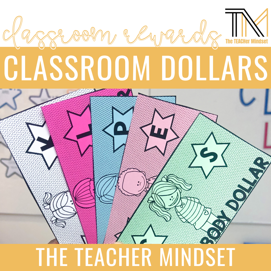 Colorful classroom dollar bills featuring cartoon children, with the words 'Kindergarten,' 'Pre-K,' and 'School' and star graphics, used as educational tools.