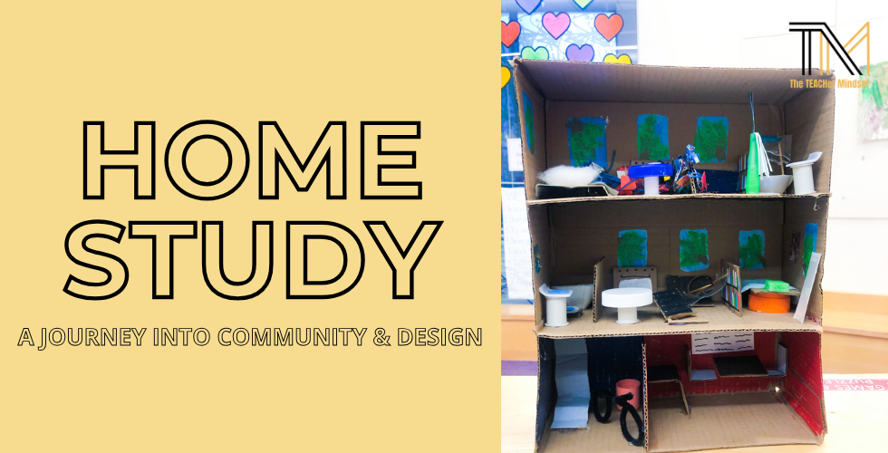 A cardboard model of a house with three floors, showing miniature furniture and objects inside, next to a yellow background with the text 'Home Study: A Journey into Community & Design' and a logo in the top right corner.