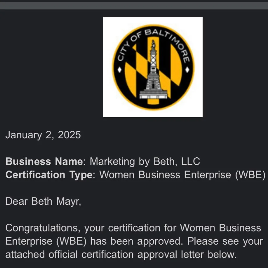 Officially certified by Baltimore City as a Women Business Enterprise! 🎉