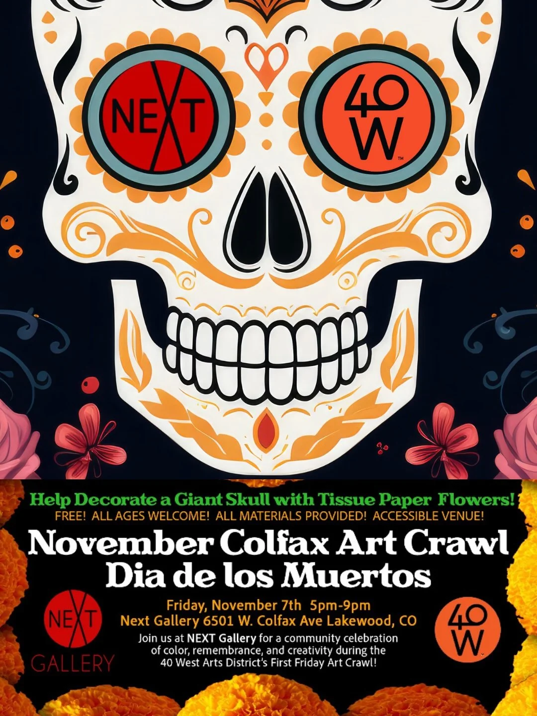 NOV, DEC, & JAN have events YOU can participate in.
November Art Crawl Invite
🎨💀 November Colfax Art Crawl: Día de los Muertos at NEXT Gallery! 💀🎨
Join us for a colorful and creative evening during the November Colfax Art Crawl at NEX