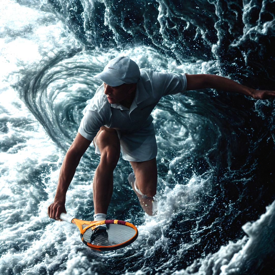 Creative sports photograph of tennis player in a wave