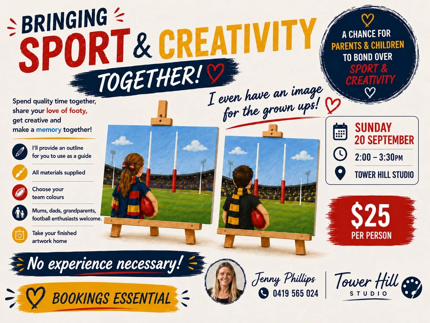 Flyer advertising an event promoting sport and creativity activities for parents and children, scheduled 2:00pm at Tower Hill Studio, costing $25 per person. The flyer features colorful text, a photo of a woman named Jenny Phillips with contact details, and two illustrations of children with footballs at a stadium.