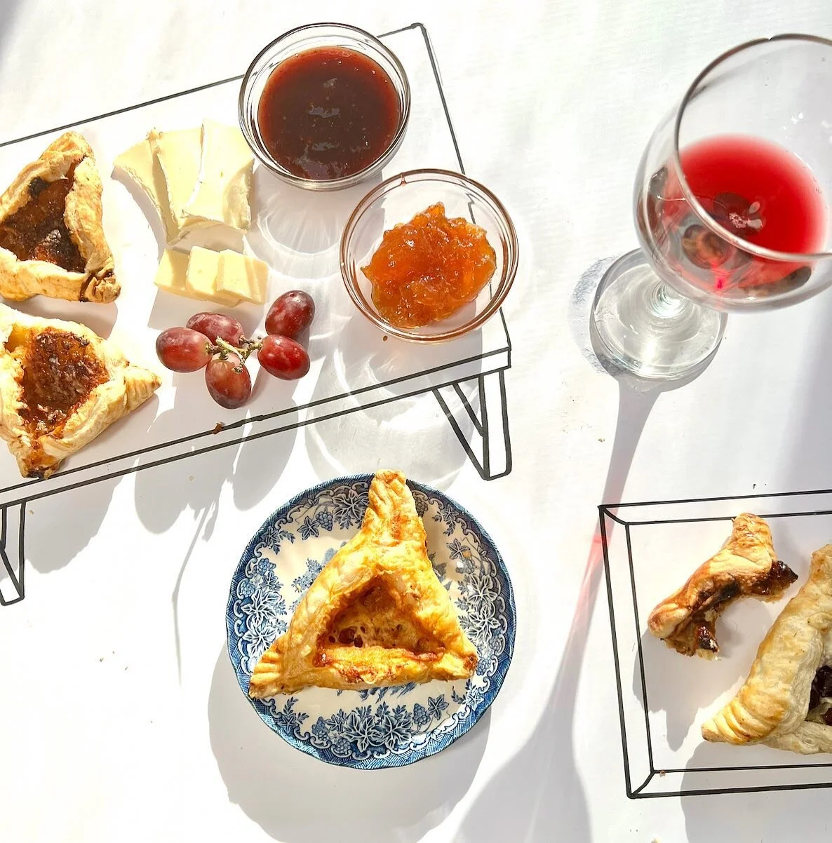 Hamantaschen as hors d’oeuvres! These crispy little gems  follow the sweet and savory example of your most favorite cheese plate combos. 
Here’s what I came up with:
*Artichoke pesto, feta, sliced 
kalamatas- assertive and savory
*Dijon