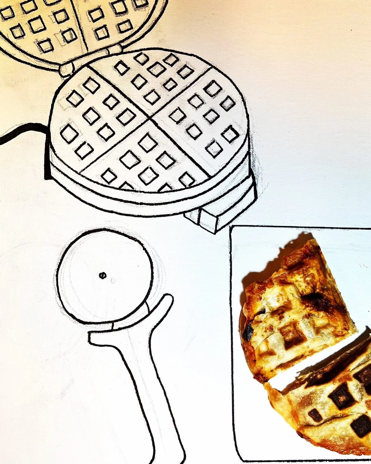 Who wouldn’t love a good waffle hack on International Waffle Day 🧇?
Pizza waffles are just pizza paninis with great cubist style. 
Tomato sauce, mozzarella and parm cheese pressed tight between store bought pizza dough for a quick after-school