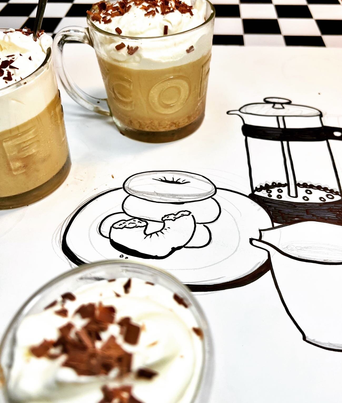 What do you get when you layer day-old donuts,  Espresso shots, coffee spiked instant pudding, a lotta froth, a smattering of chocolate and a multiverse  meeting of Baristas past, present , and future on a sitcom set?
…………