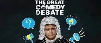 Promotional poster for "The Great Comedy Debate" featuring a person wearing a judge's wig surrounded by illustrated speech bubbles with comedy-related symbols.