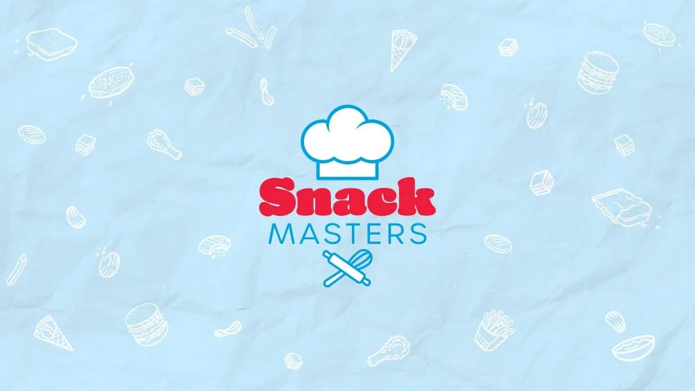 Snack Masters logo with chef hat on blue background featuring snack doodles.