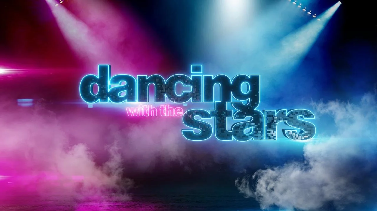 Logo of "Dancing with the Stars" with colorful spotlights and smoke.