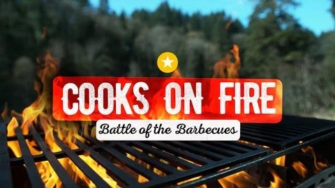 Grill with flames; text: 'Cooks on Fire: Battle of the Barbecues'