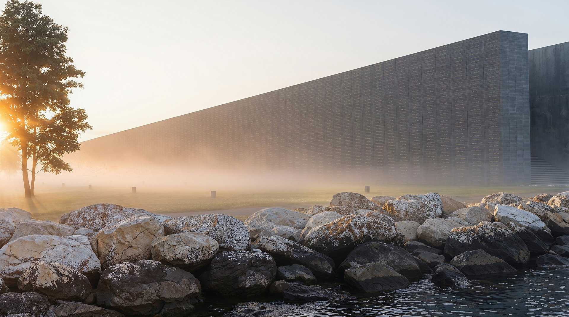 WROT | Hart Island Tumulus: The long wall of the Hart Island Memorial in an early morning fog.