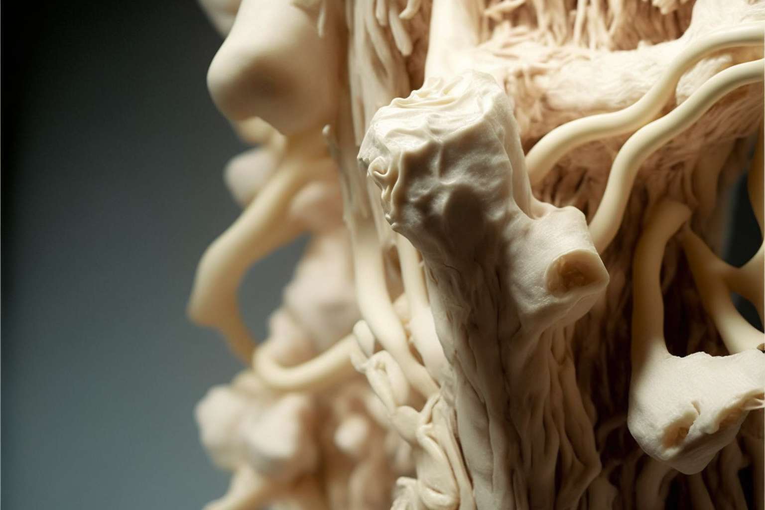 Close-up of a textured abstract sculpture with organic shapes and intricate details.