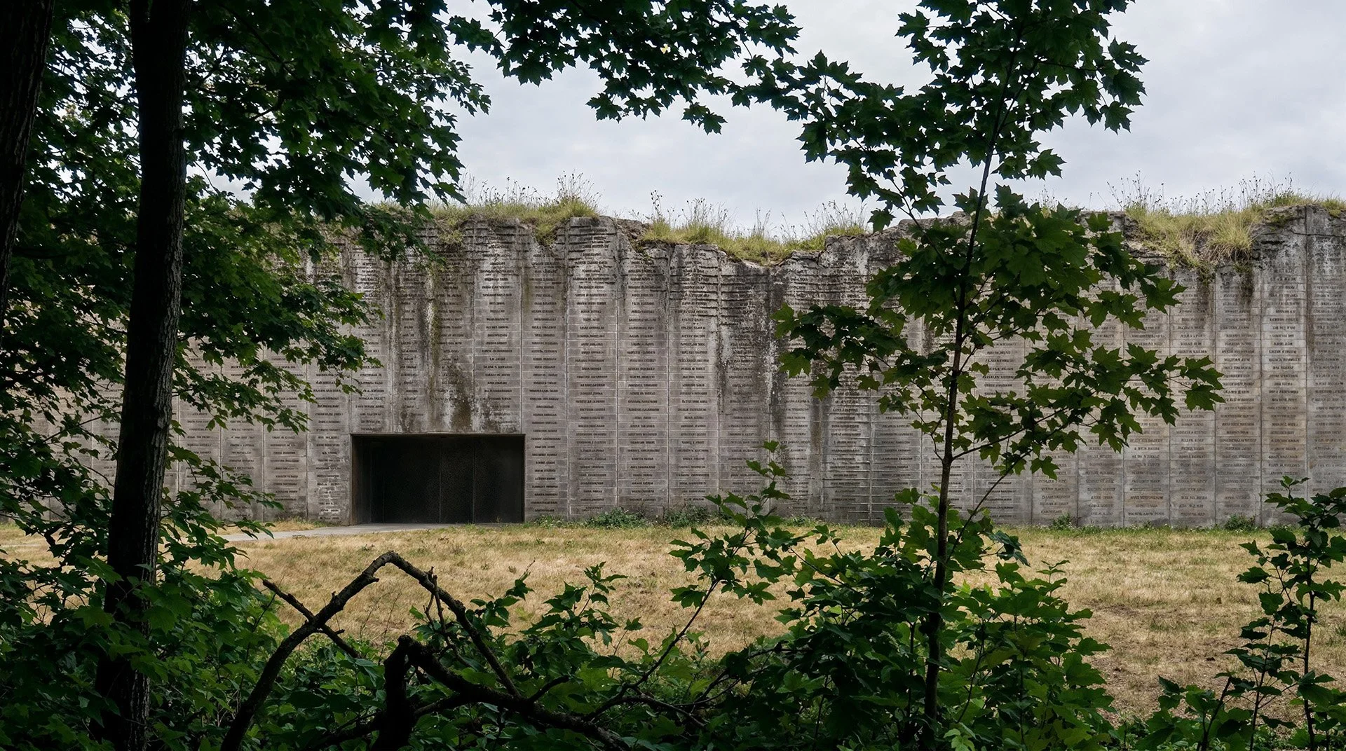 WROT | Hart Island Tumulus: Aged wall seen from the tree line.