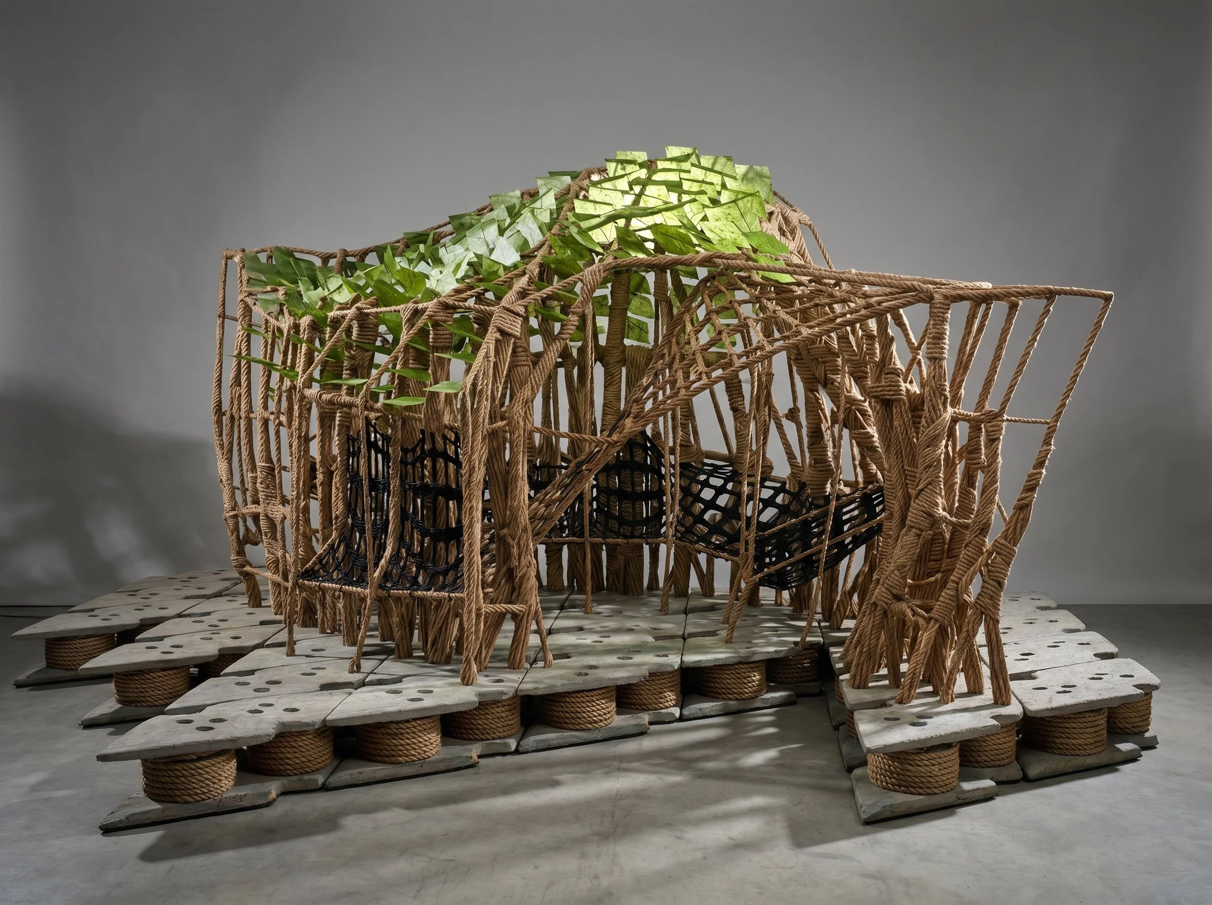 A 3D rendering of a rope structure sukkah, with a lattice frame and a leafy roof. It is set on a platform composed of interlocking elements.