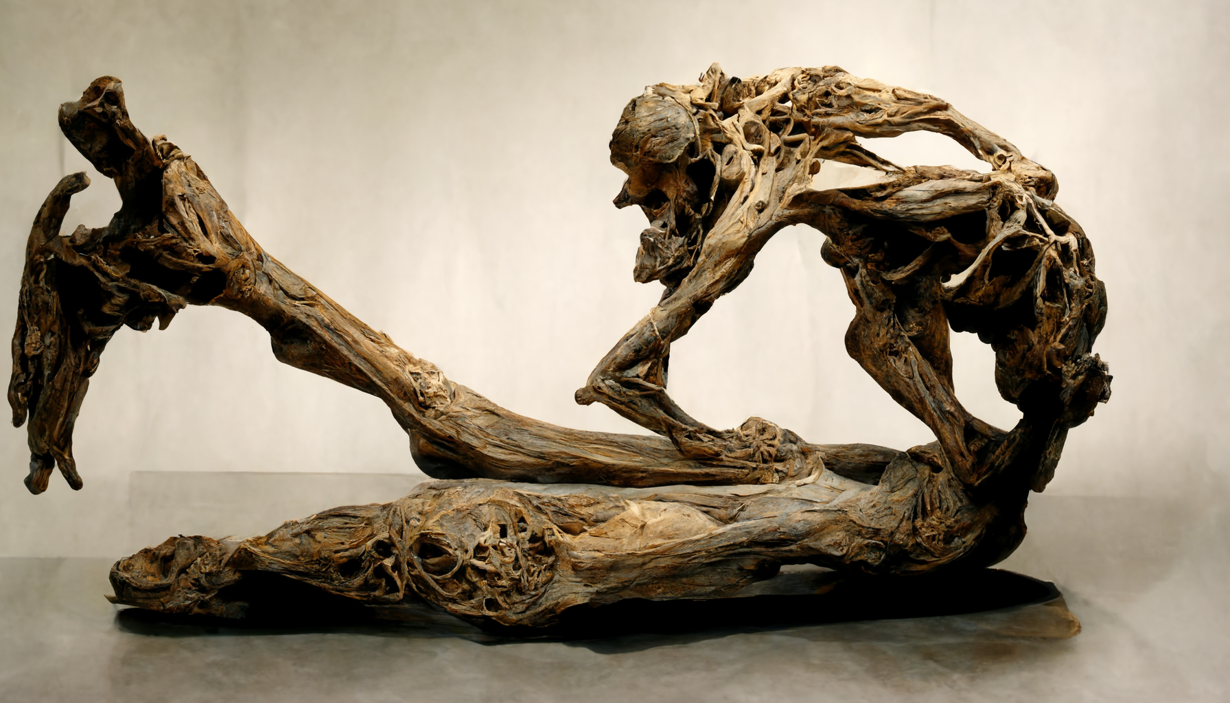 Abstract sculpture made of twisted wood, resembling a dynamic, elongated figure in motion against a neutral background.
