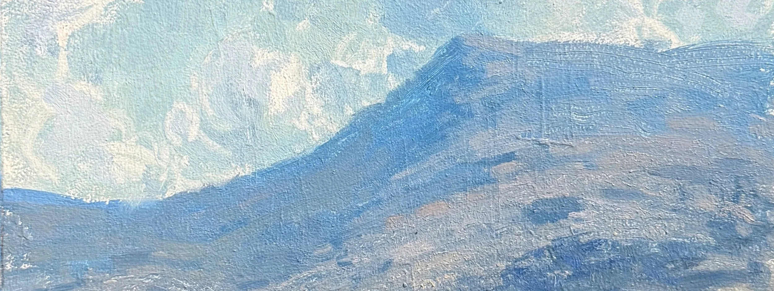 A painting of a mountain landscape with a blue sky and light clouds.