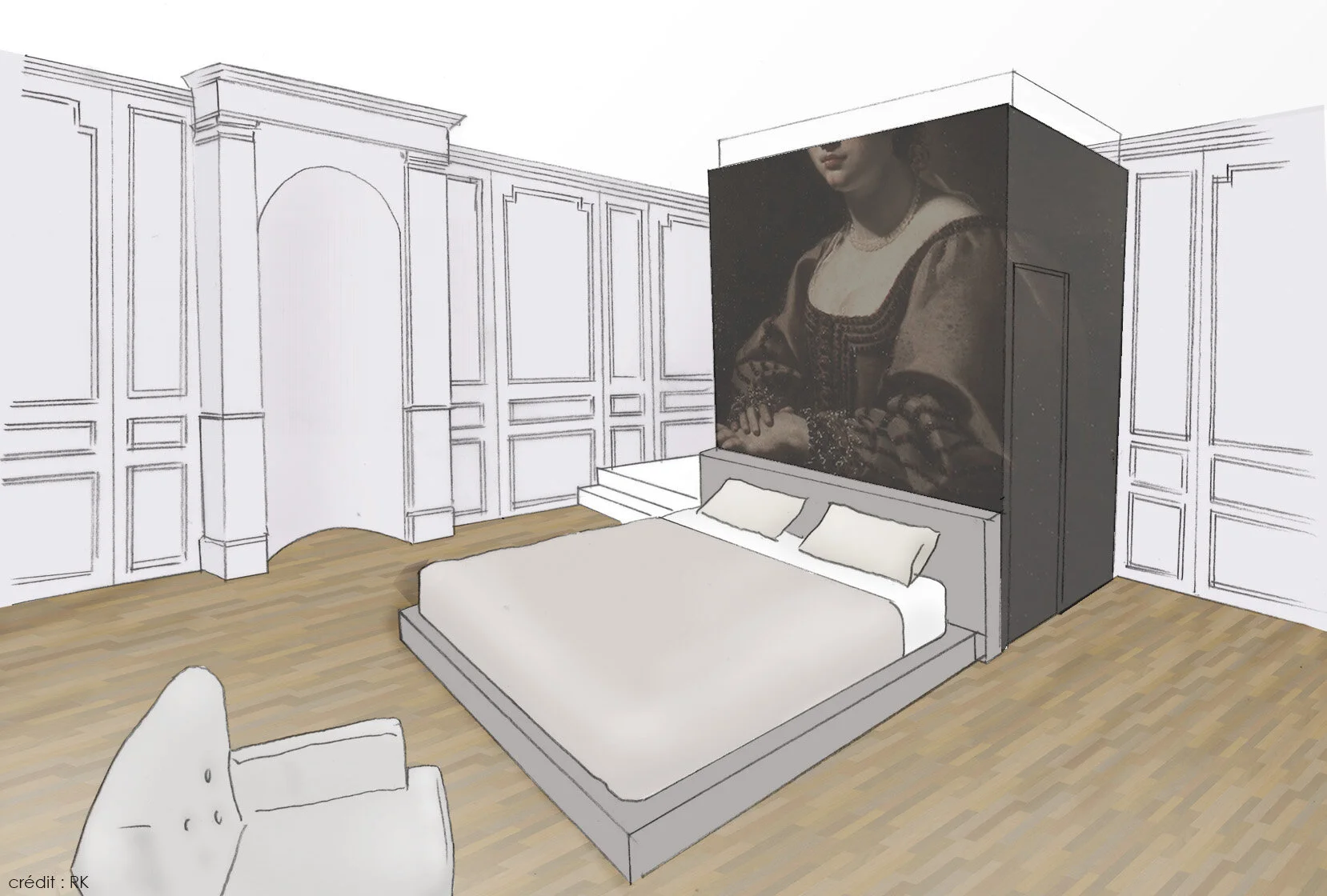 Esquisse d'insertion de chambre dans les volumes existants