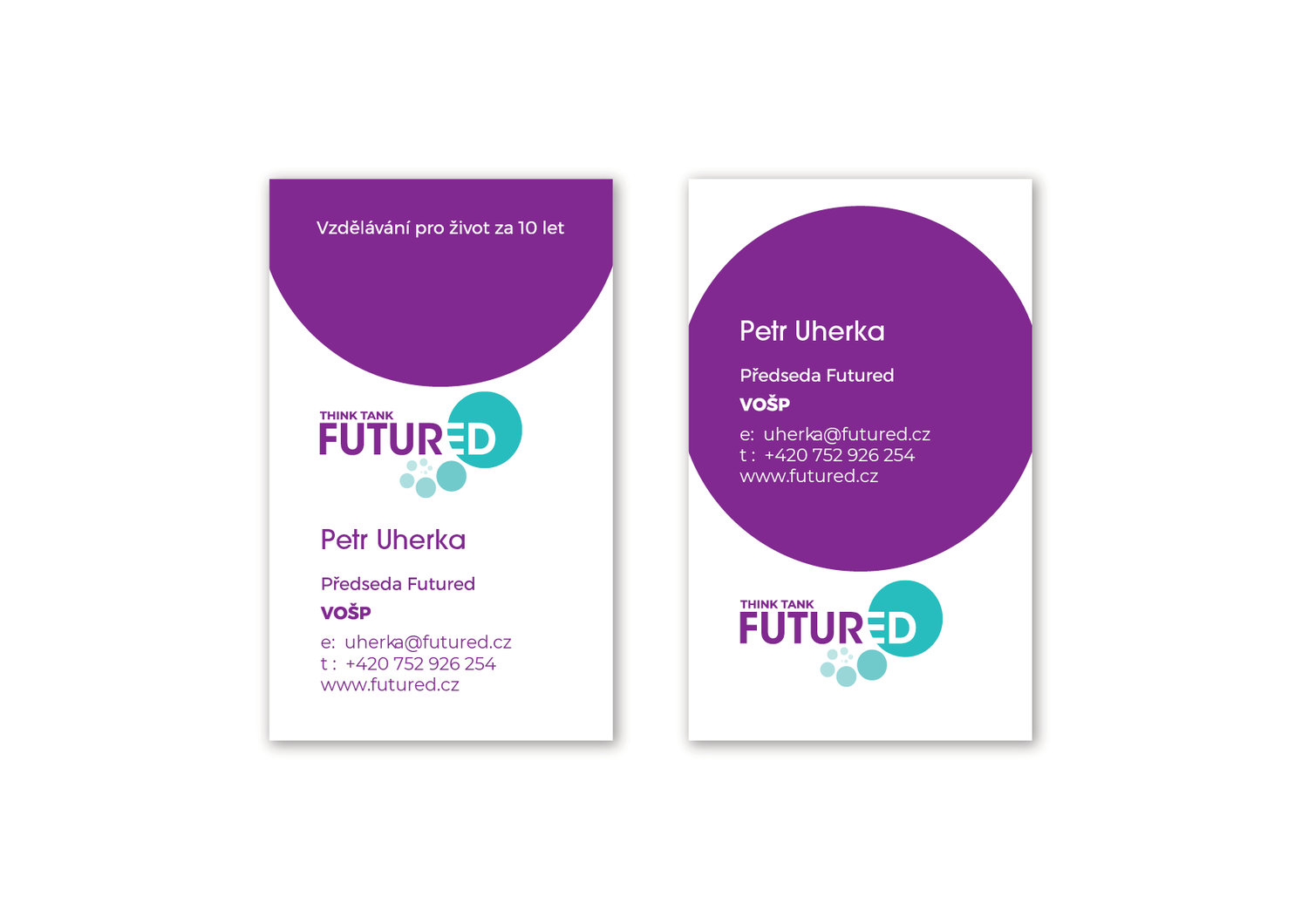 Business cards featuring a purple semi-circle at the top and bottom, with purple and teal text including the name Petr Uherka, his title, contact information, and a logo with the words THINK TANK FUTURED.