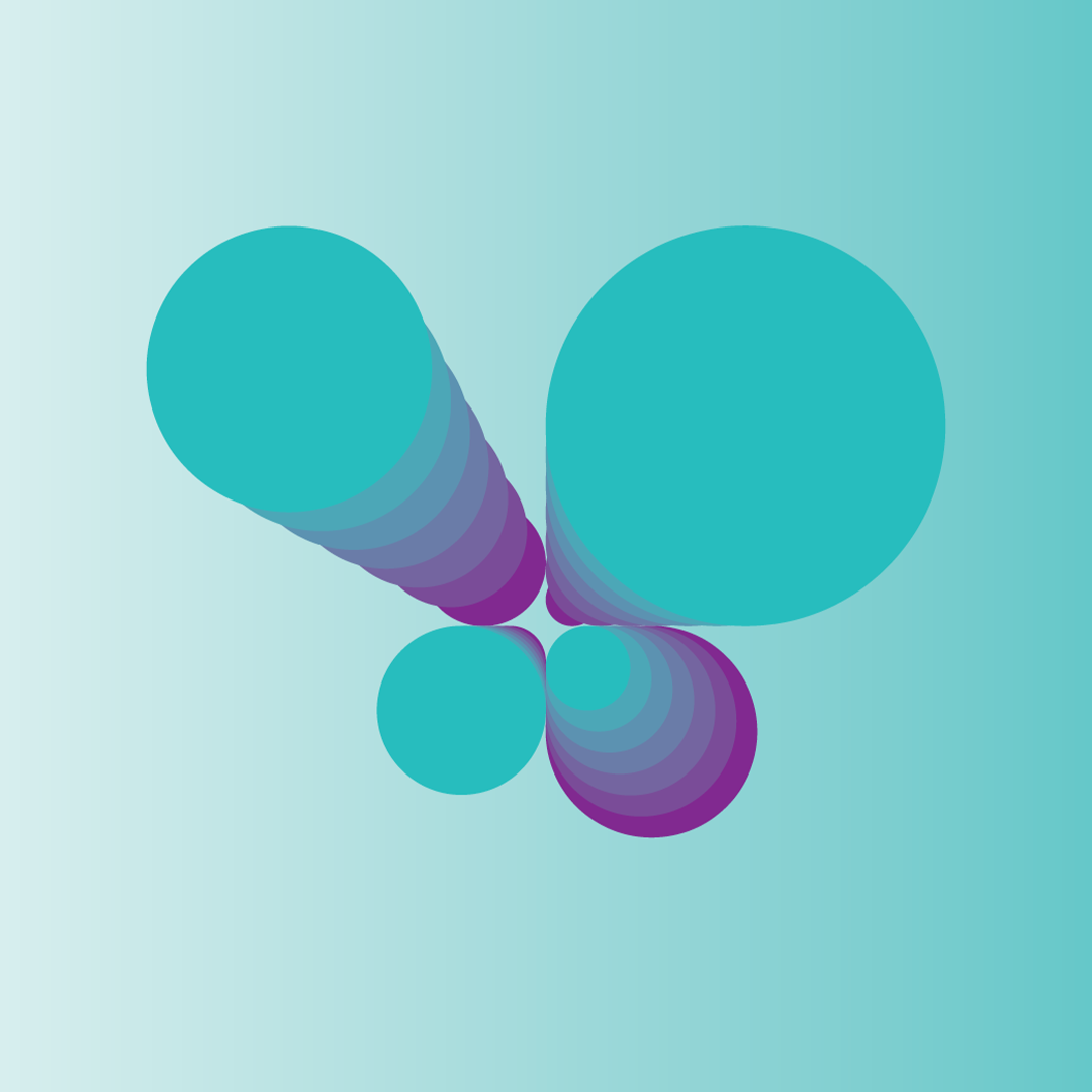An abstract digital design featuring concentric circles in shades of teal and purple on a light teal background.