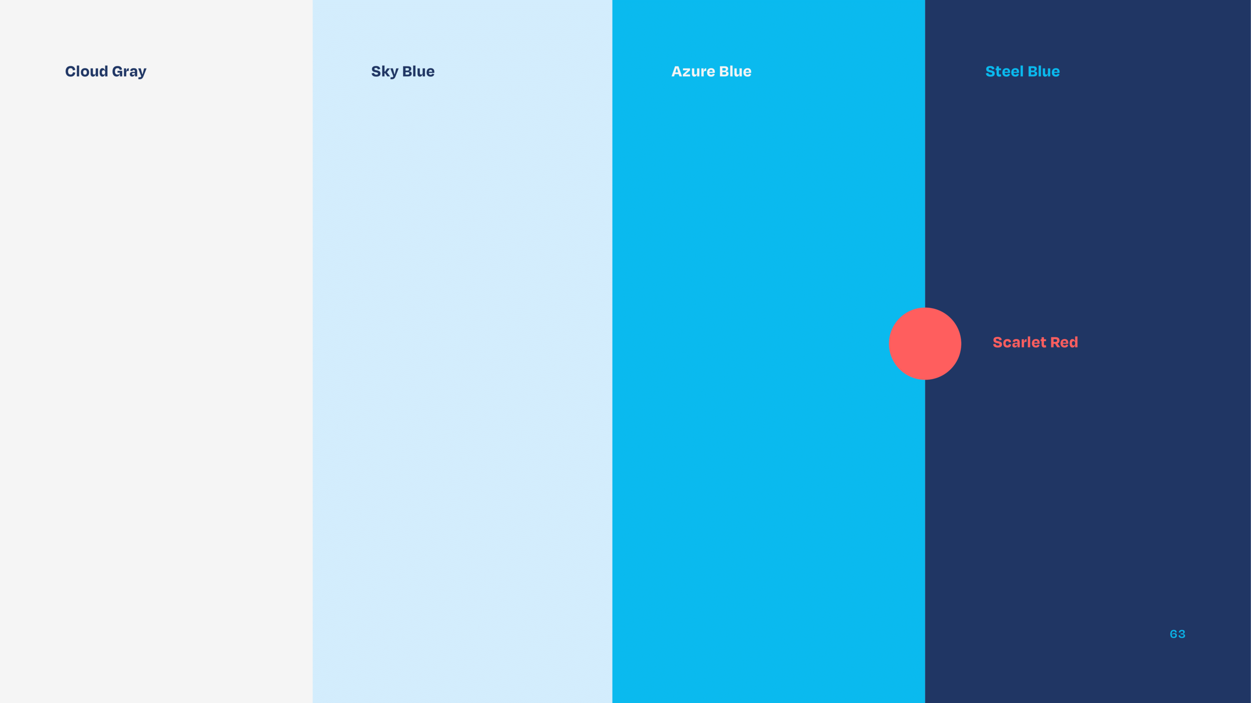 A color palette chart showing five shades of blue and gray, labeled from left to right as Cloud Gray, Sky Blue, Azure Blue, Steel Blue, and Scarlet Red. A red circle labeled Scarlet Red overlaps the Steel Blue section.
