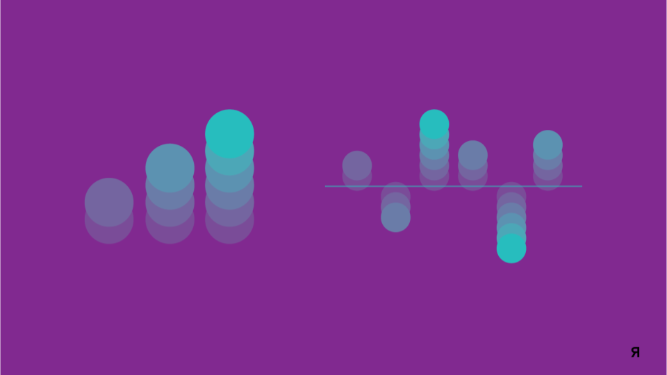 Two sets of vertically stacked, semi-transparent colored circles on a purple background, resembling real-time audio equalizer displays.