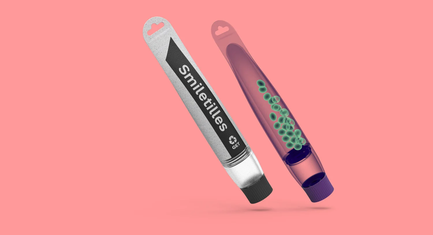 A tube labeled 'smiletiles' and a UV light with green bubbles inside, used for teeth whitening.