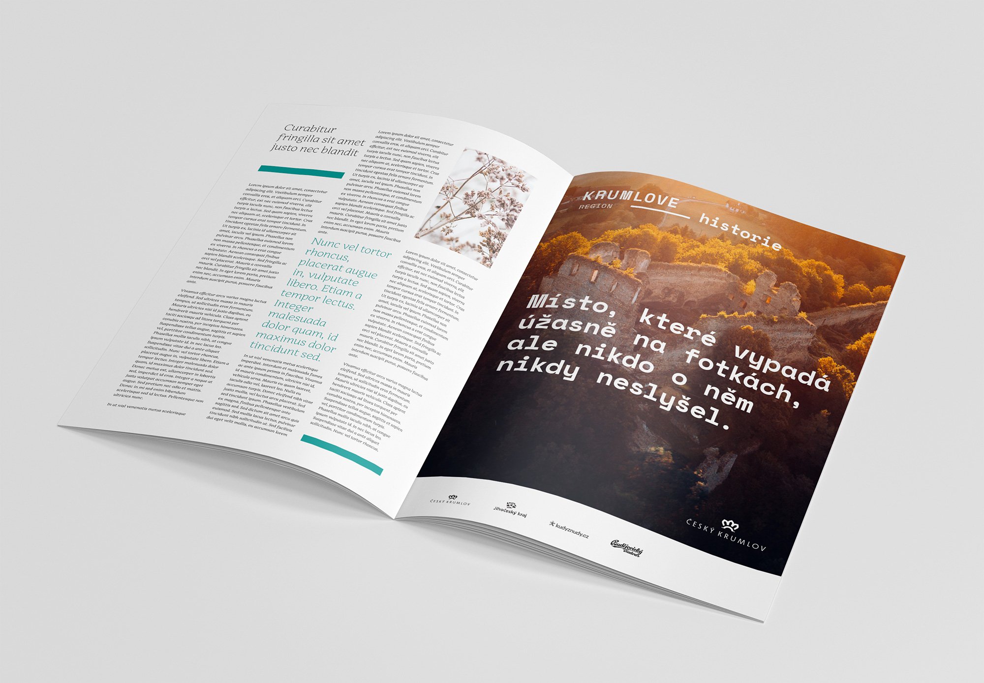 Open magazine featuring a photo of a landscape with ruins and autumn trees, and text in Czech about Krumlov, with articles and images on the left page.