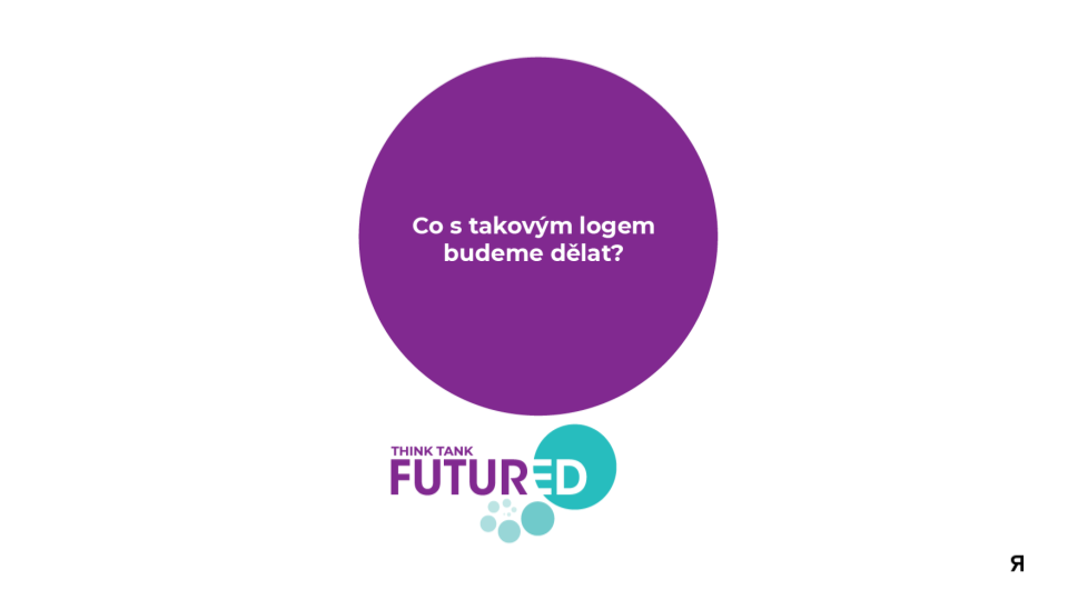 A purple circle with Polish text asking about making a logo. Below it, there is a logo with the words 'THINK TANK FUTURED' and a blue circle with 'ED' inside, accompanied by small bubbles.