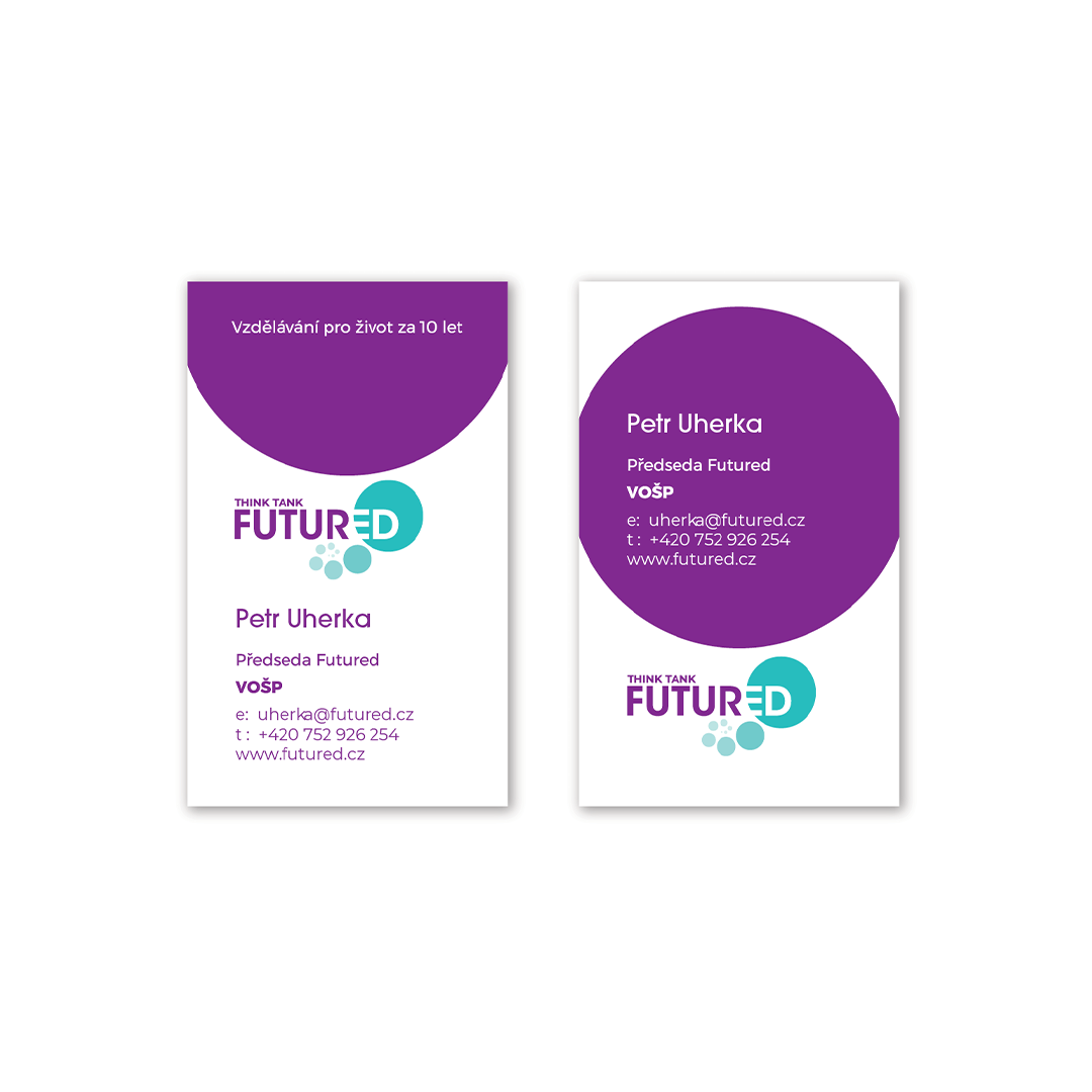 Business cards with purple and white backgrounds, containing contact information and logos for 'FUTURED' and 'THINK TANK FUTURED' in purple and cyan colors.