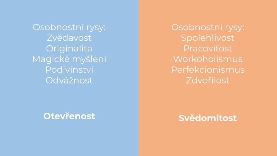 A table comparing personal traits: the left side has traits like curiosity, originality, magical thinking, wonder, and bravery labeled as openness, and the right side has traits like reliability, work ethic, workaholism, perfectionism, and modesty la