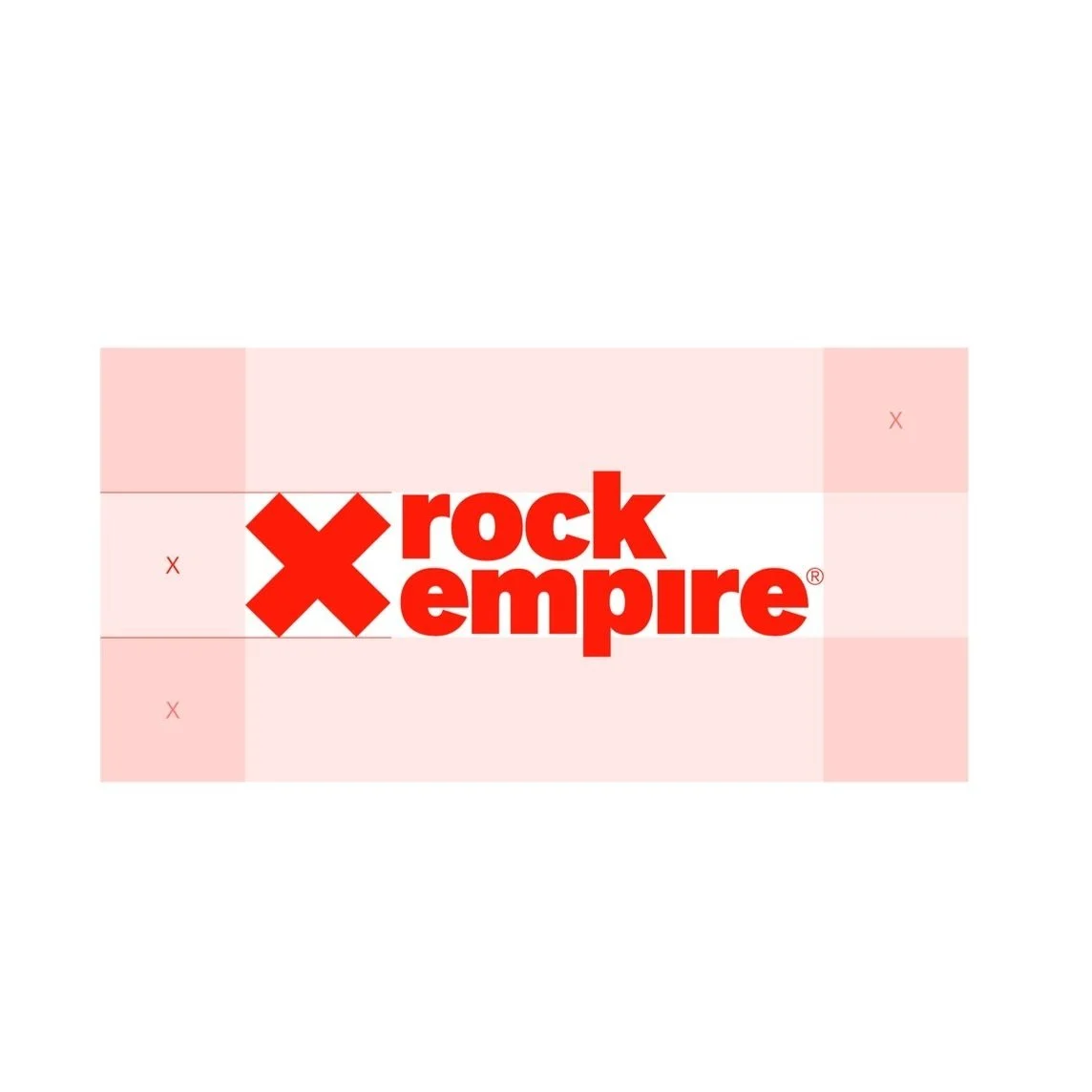 Rock Empire logo with a red star and bold red text on a pink grid background.
