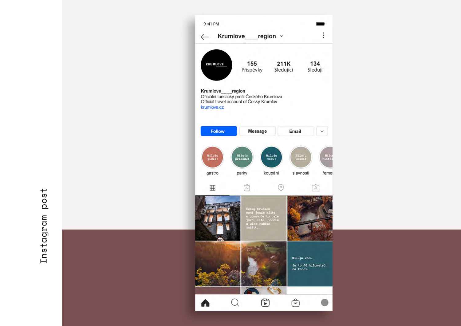 Instagram profile page for Krumlove region, showing profile picture, follower count, and posts with images of castles, nature, and text in Czech.