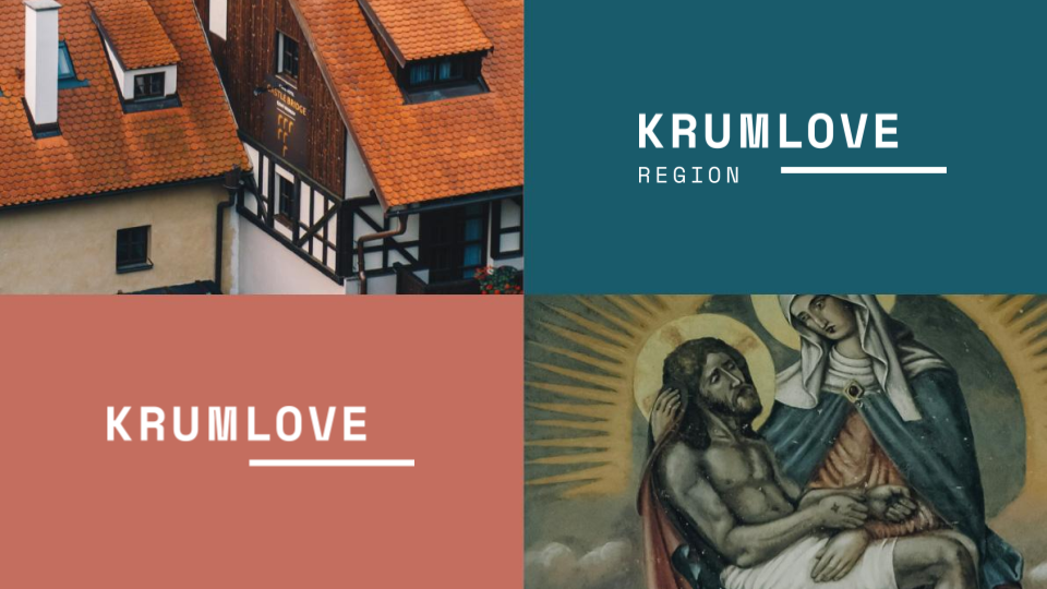 A collage of four images: top left showing rooftops of traditional European houses, top right with a blue background and text 'KRUM LOVE REGION,' bottom left with a rust-colored background and similar text, and bottom right depicting a religious pain