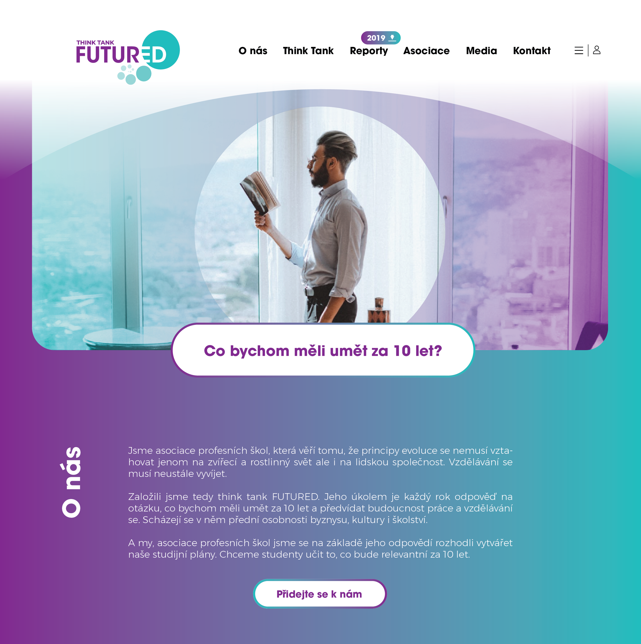 A man with glasses and a beard reading a book by a window in a modern office building