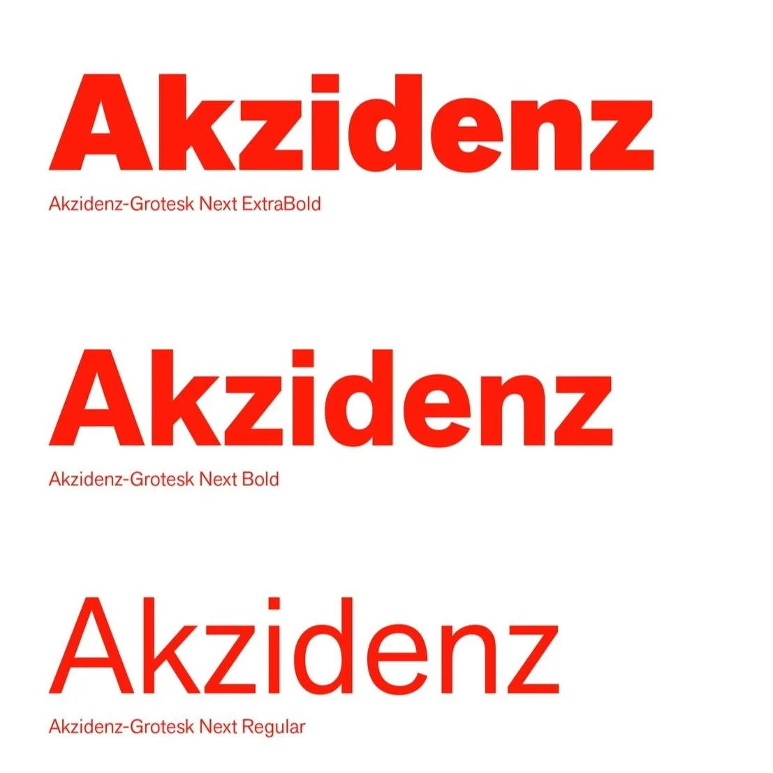 Text displaying three different bold, red, and italicized font styles of the word 'Akzidenz' with small font descriptions below each style.