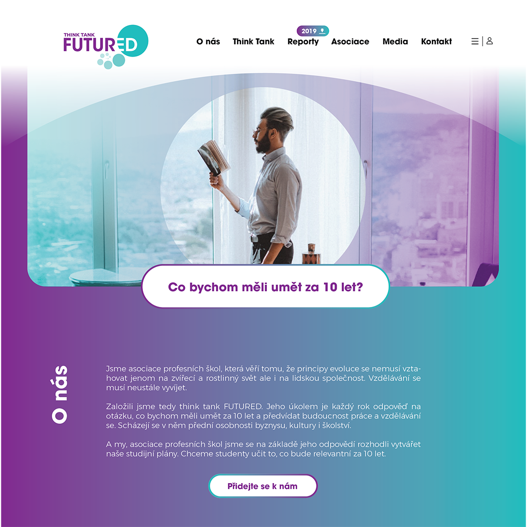 A man with glasses reading a book by a large window in a high-rise building, with cityscape views, on a website for THINK TANK FUTURED.