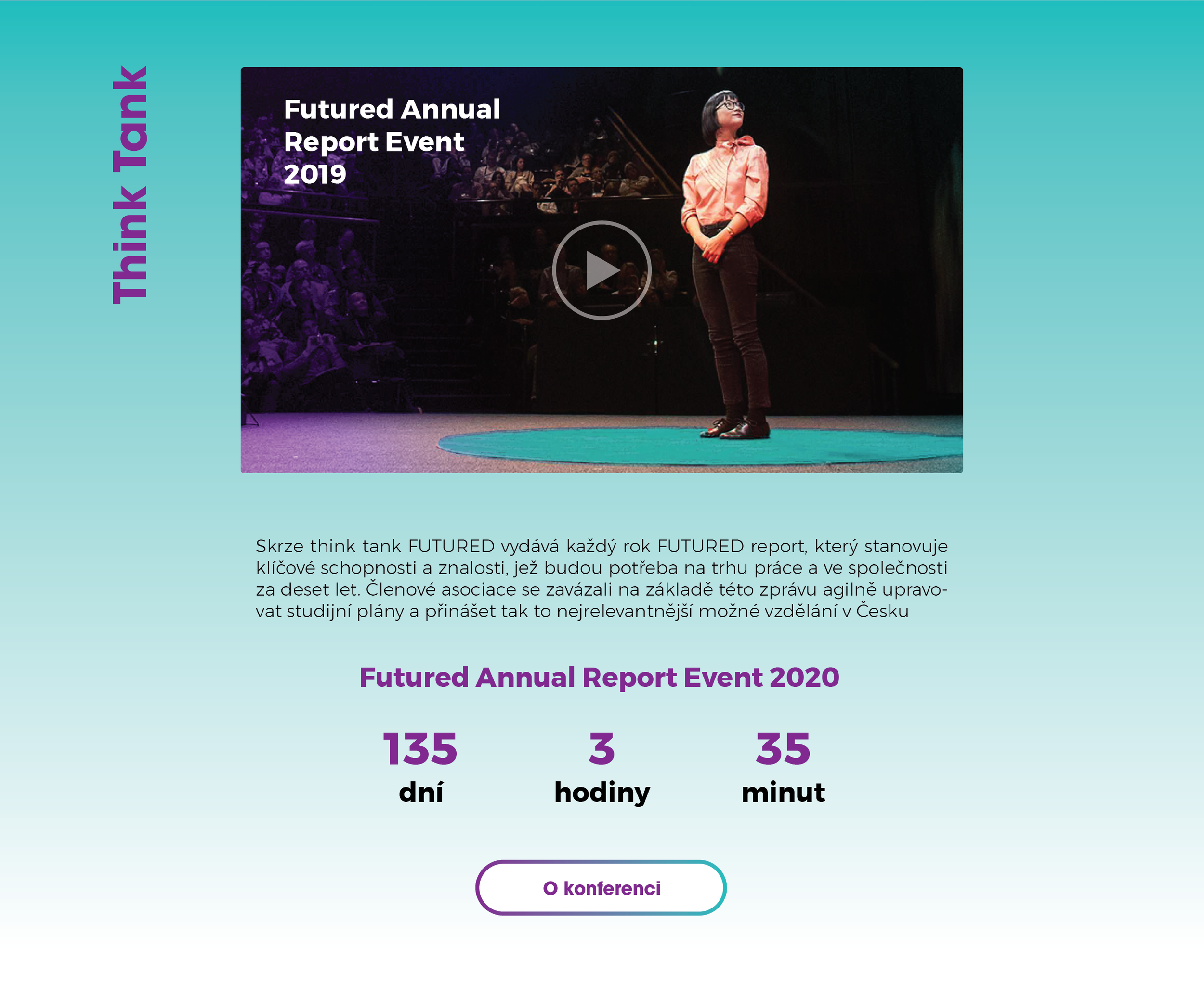 Screenshot of a webpage for the Futured Annual Report Event 2019 and 2020. Features a stage with a woman speaking to an audience, a countdown timer for 135 days, 3 hours, and 35 minutes, and a button labeled 'O konferenci'.