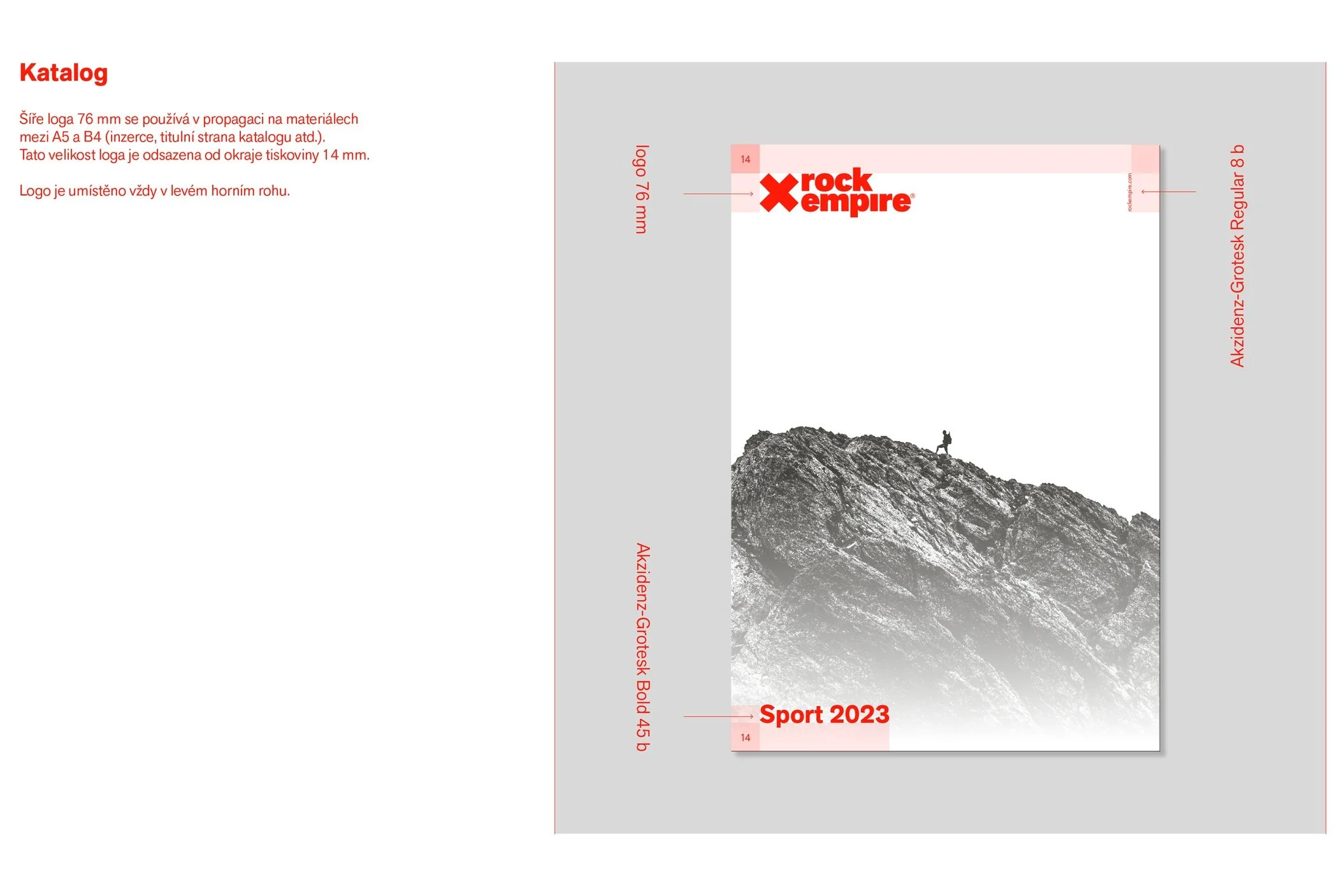 a catalog cover featuring a grayscale photograph of a mountainous landscape with a person standing on a peak. The top of the catalog has the logo 'rock empire' in red, and the bottom right corner has the text 'Sport 2023' in red. The left side contains detailed print and margin measurements and descriptions in Czech.
