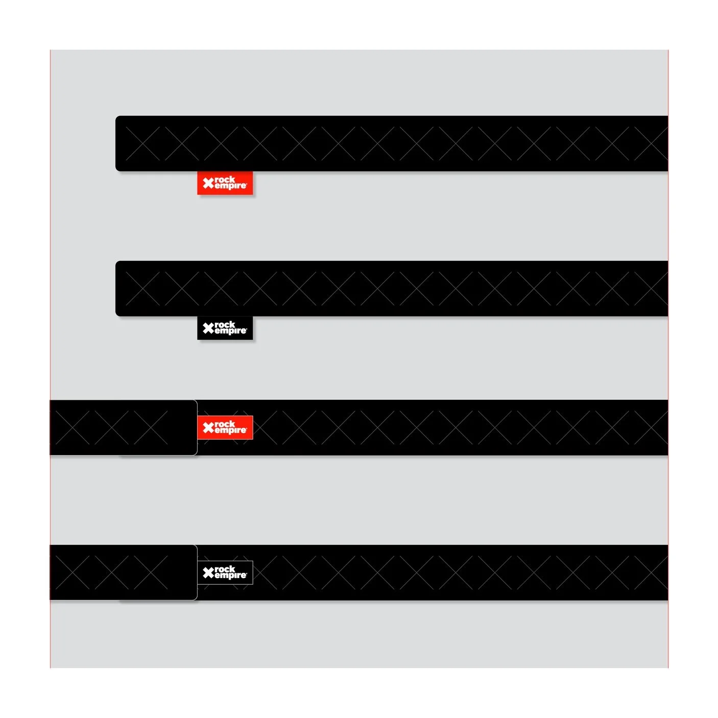 Four black strips with the 'rock empire' logo in red or black, arranged horizontally on a light background.