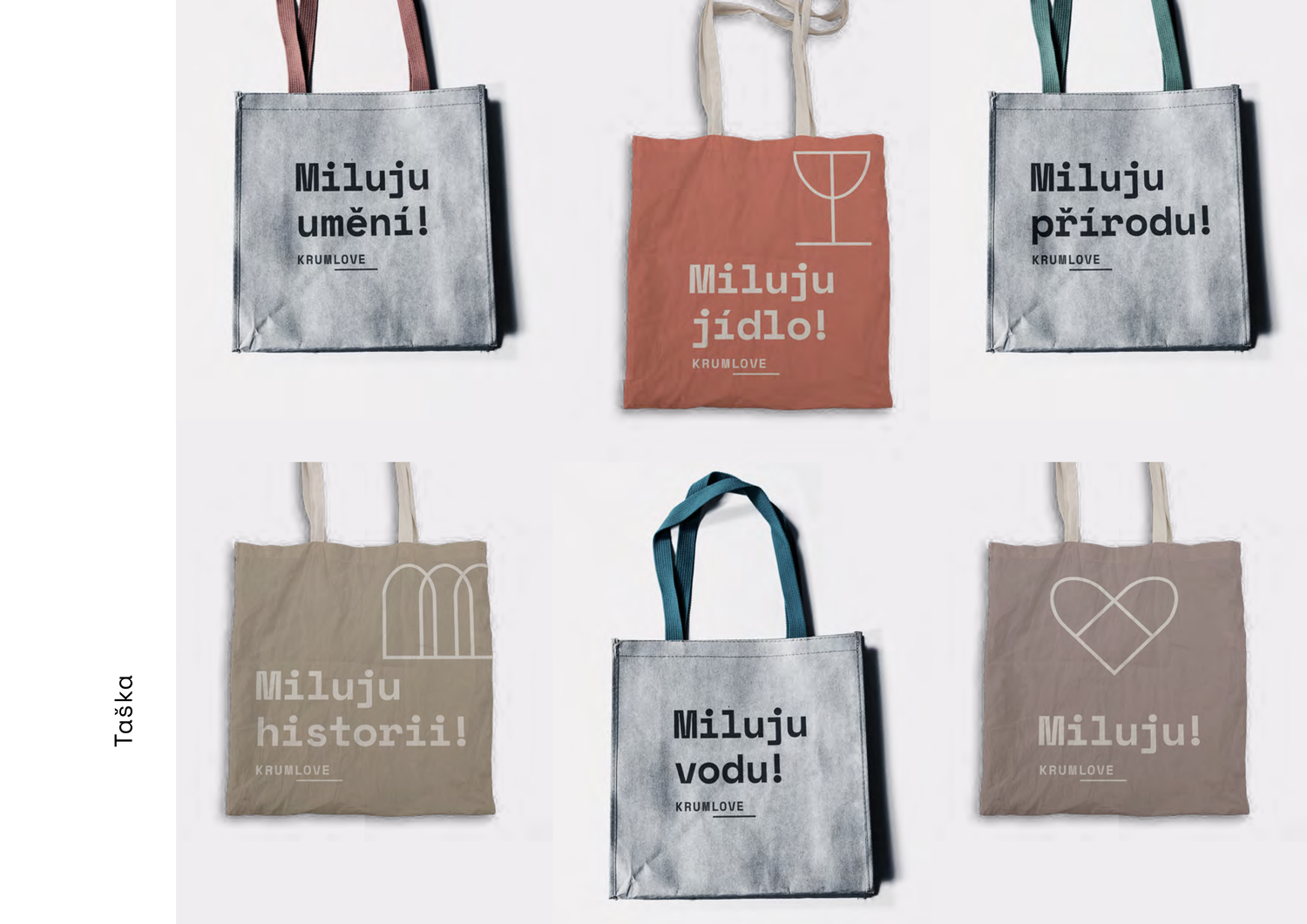 Six reusable tote bags with various designs and slogans, arranged in two rows against a white background.