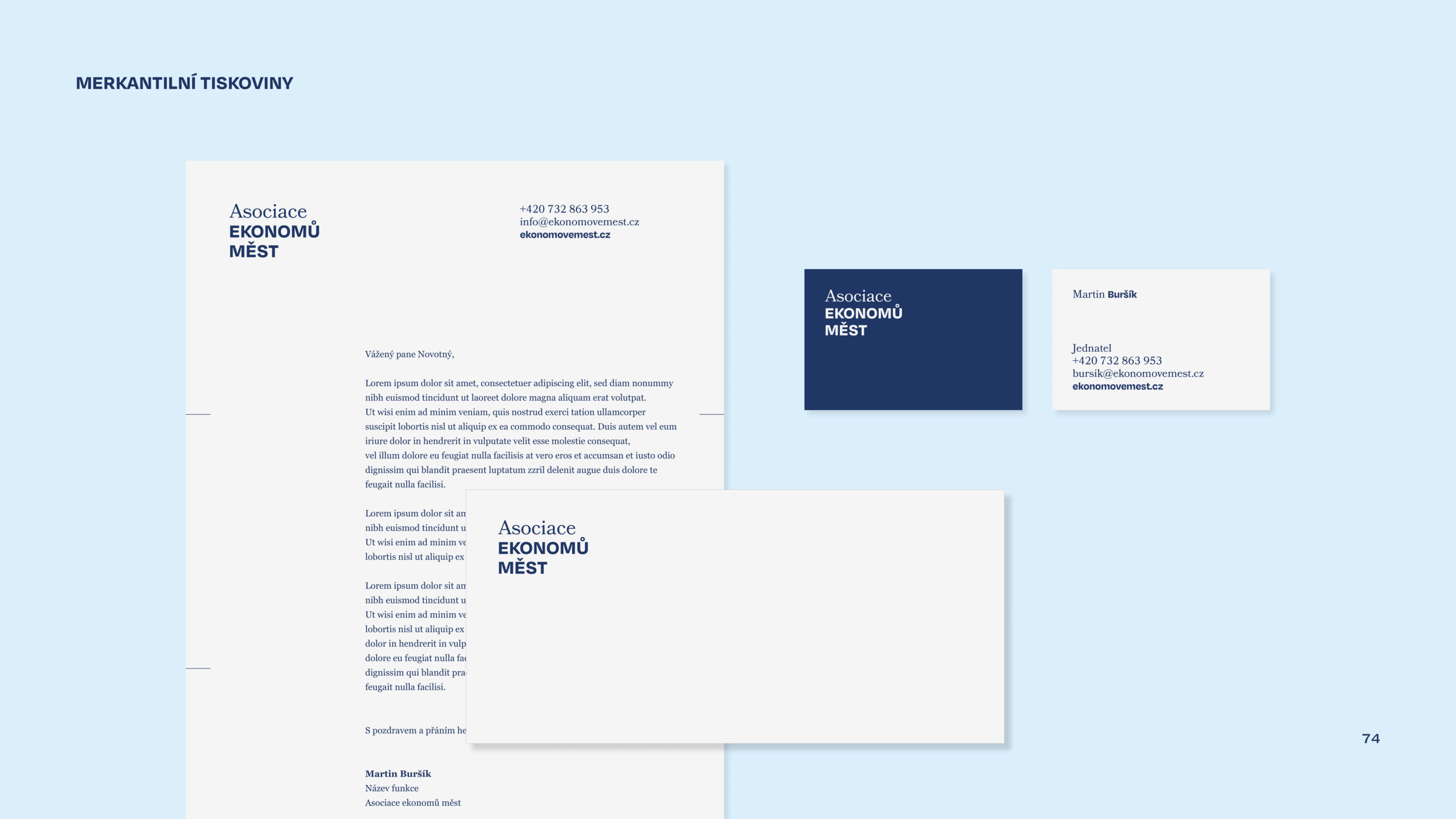 Collection of business stationery including letterhead, business cards, and a logo for 'Asociace EKONOMŮ MĚST' with blue and white color scheme.